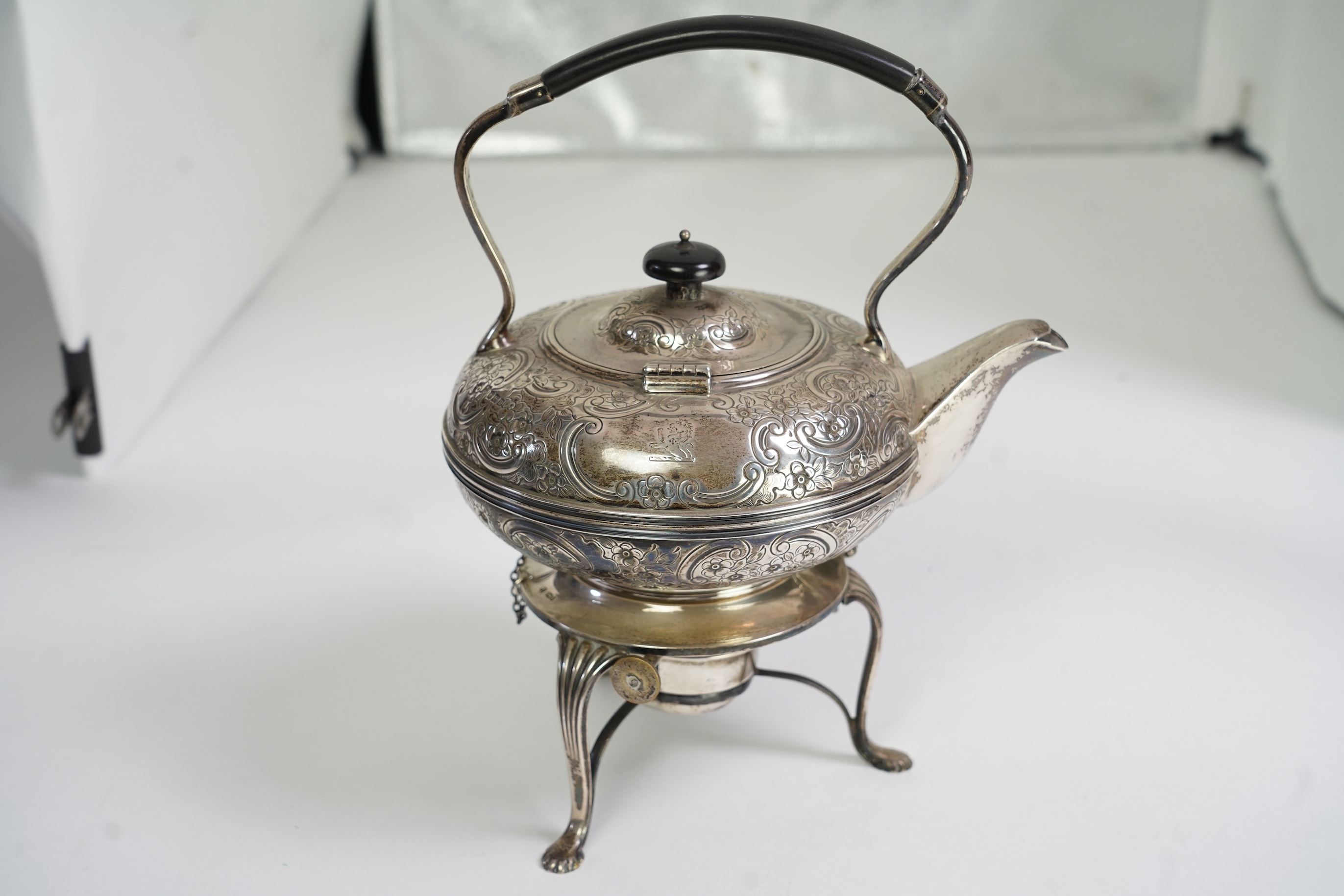 A George V silver spirit kettle, on stand with burner, by Fordham & Faulkner